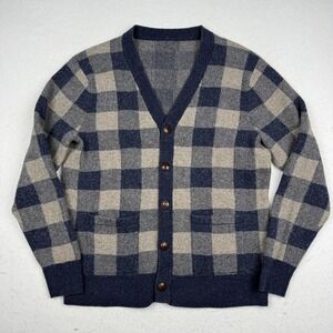 J Crew Sweater Cardigan Mens Medium Blue Merino Wool Check V Neck Button Front